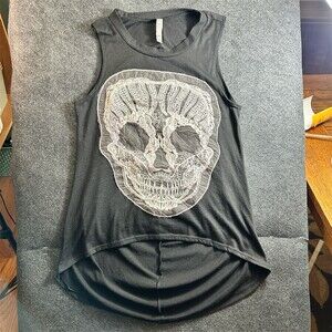 Jesse & J Tank Top Womens Size L Black Sleeveless Lace Skull Hi-Low Hem